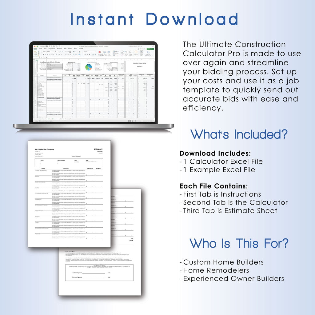 Construction Estimate Calculator Pro, Digital Printable Estimate Builder Template, Contractor Estimate Spreadsheet & Project Management