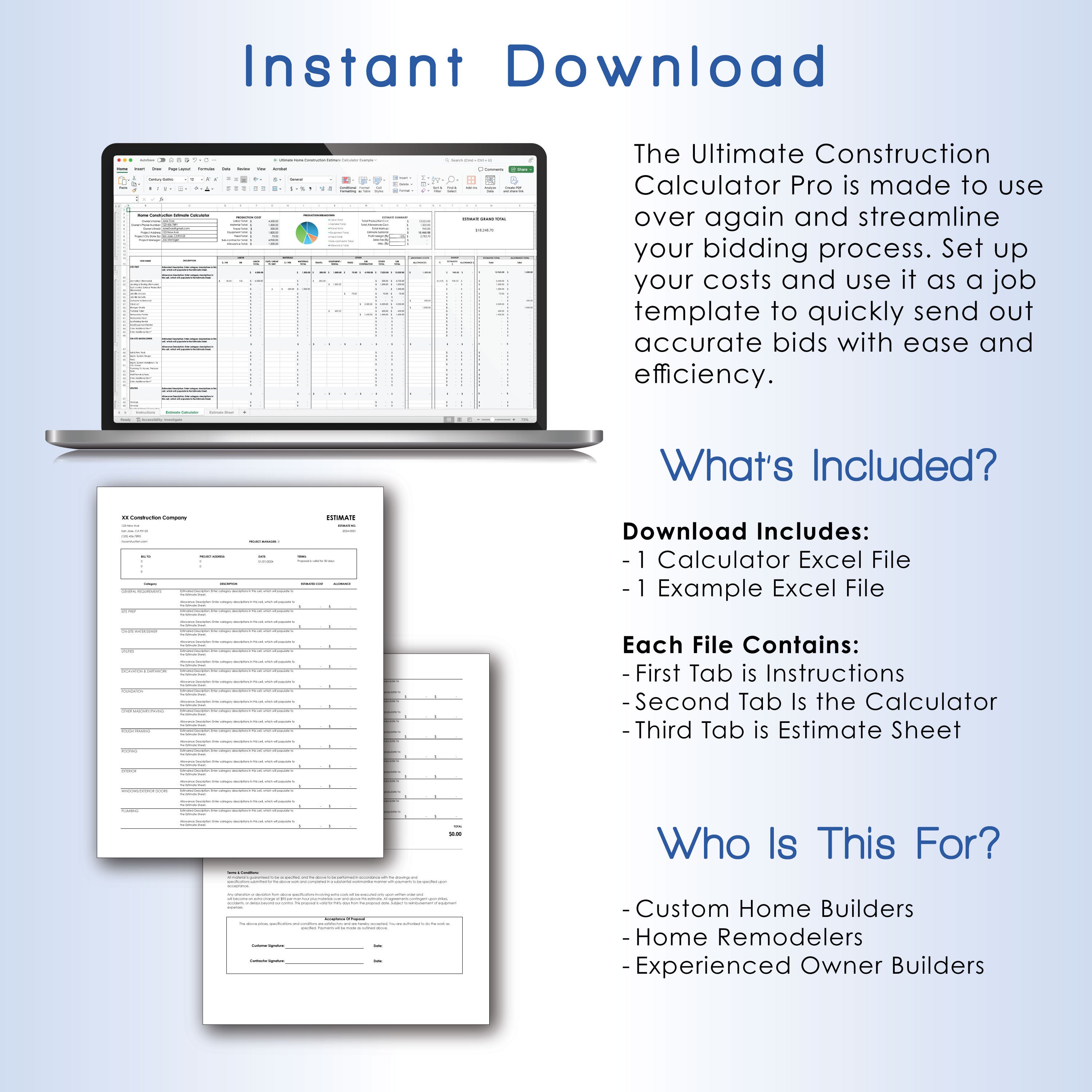 Construction Estimate Calculator Pro, Digital Printable Estimate Builder Template, Contractor Estimate Spreadsheet & Project Management