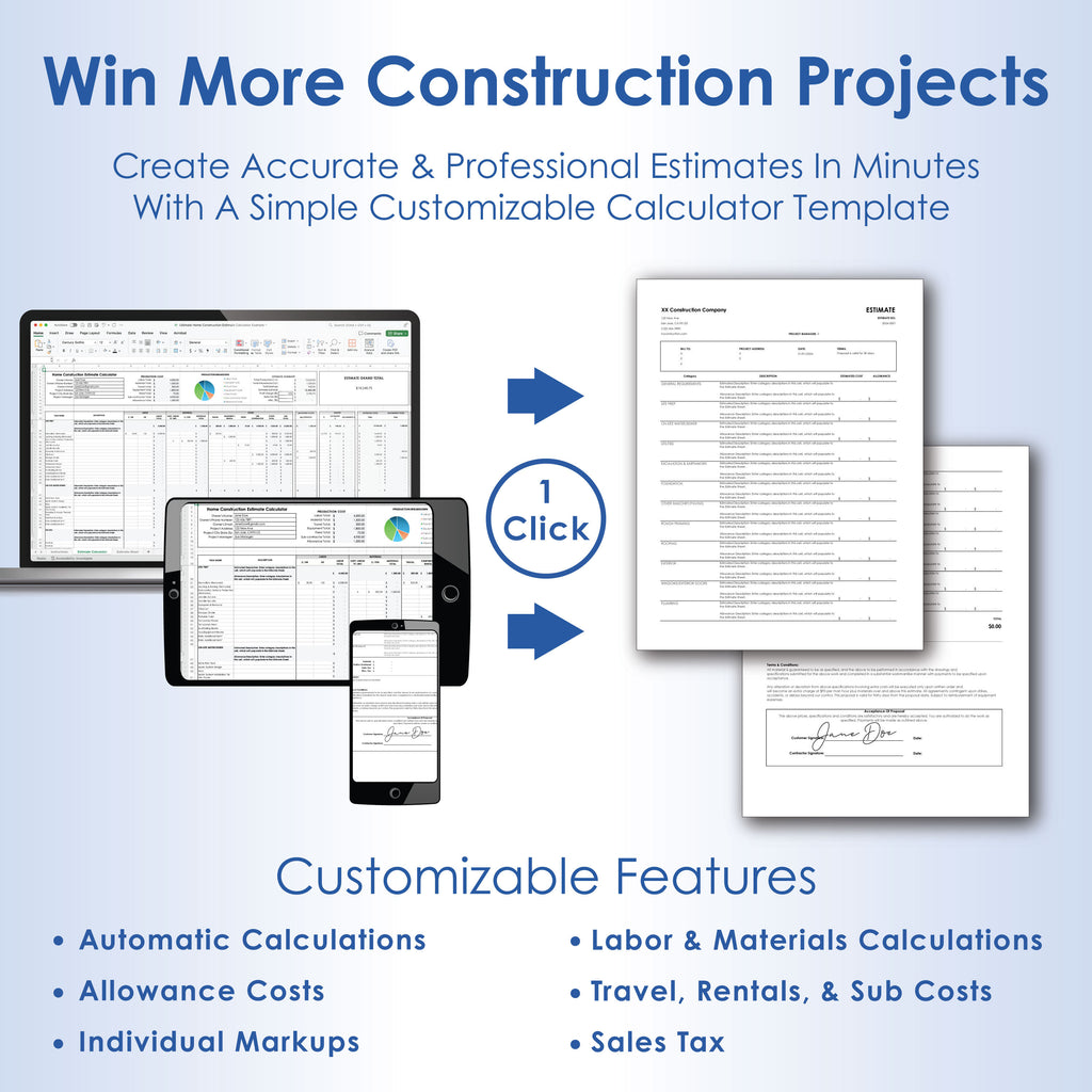 Construction Estimate Calculator Pro, Digital Printable Estimate Builder Template, Contractor Estimate Spreadsheet & Project Management