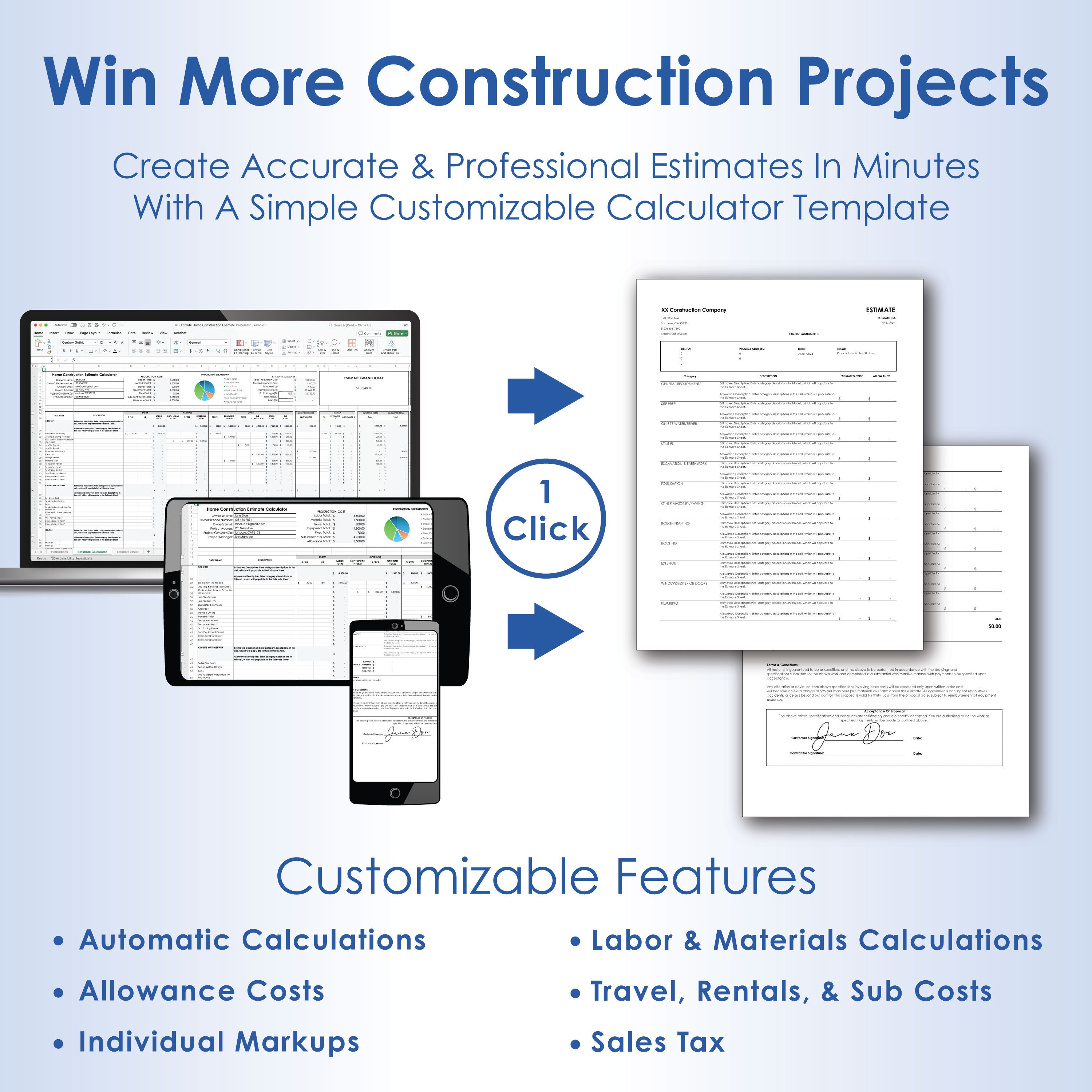 Construction Estimate Calculator Pro, Digital Printable Estimate Builder Template, Contractor Estimate Spreadsheet & Project Management