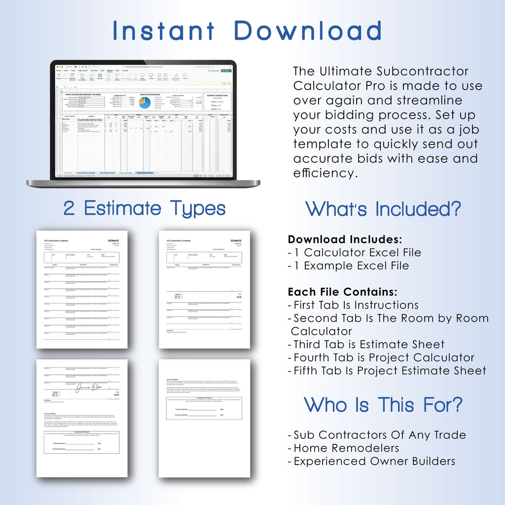 Construction Estimate Calculator Pro Subcontractor Edition, Digital Printable Estimate Builder Template, Any Trade Estimate Spreadsheet