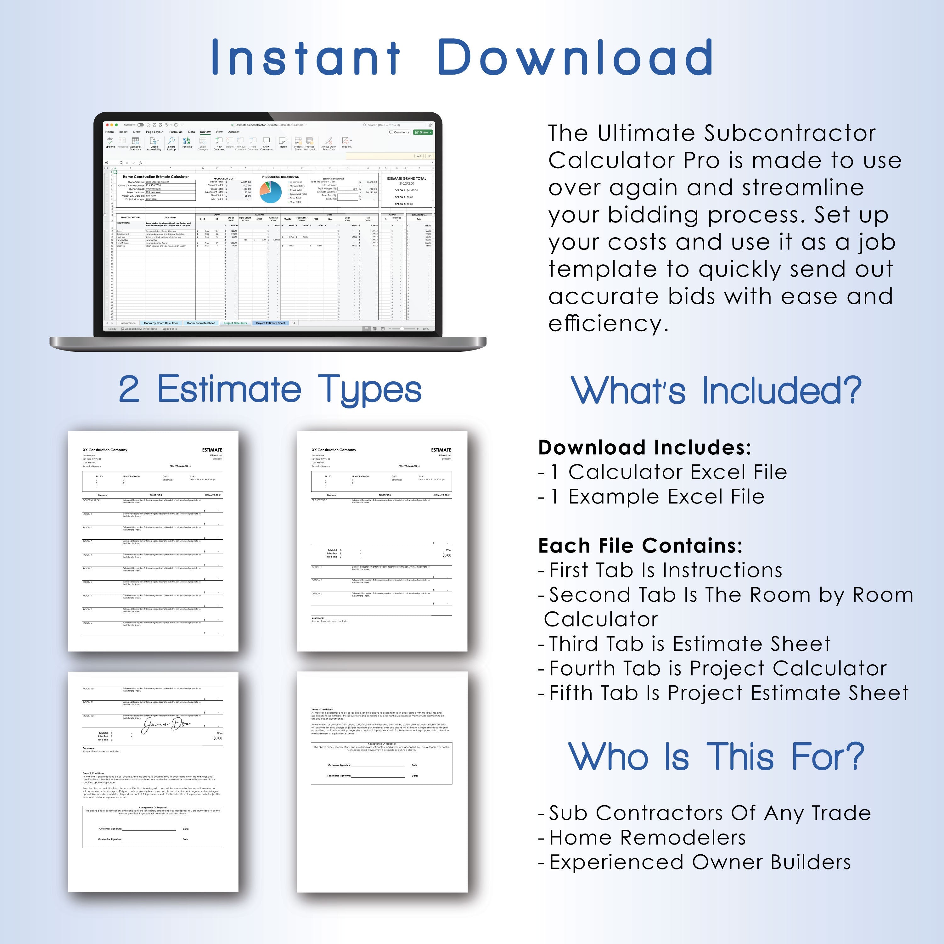 Construction Estimate Calculator Pro Subcontractor Edition, Digital Printable Estimate Builder Template, Any Trade Estimate Spreadsheet