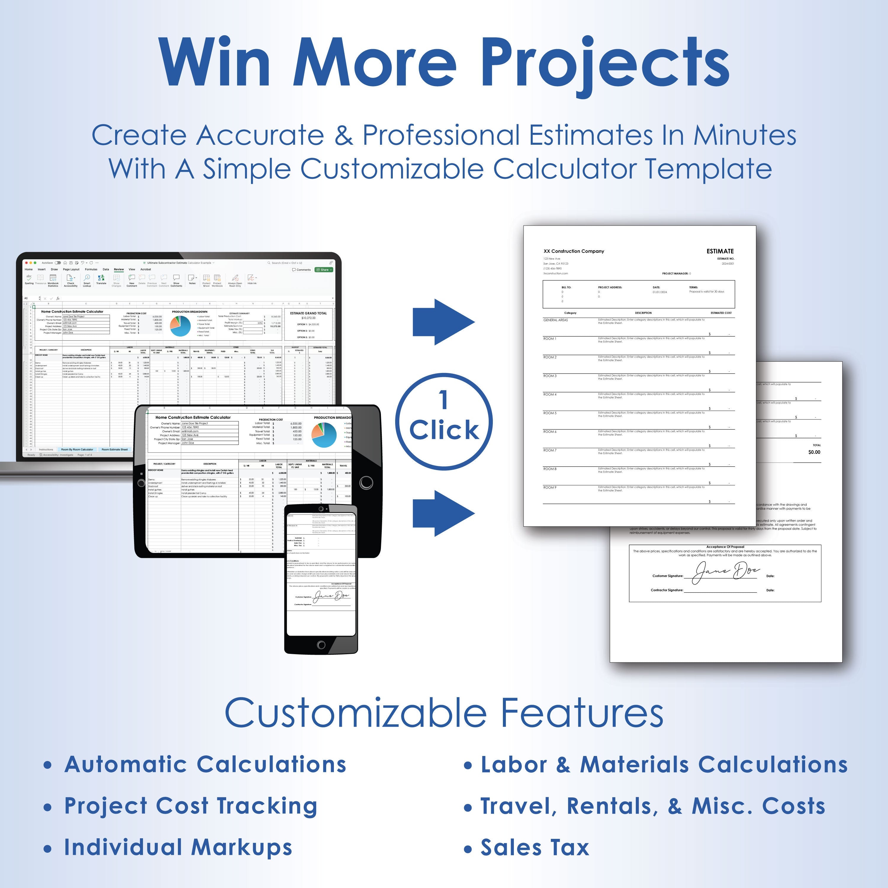 Construction Estimate Calculator Pro Subcontractor Edition, Digital Printable Estimate Builder Template, Any Trade Estimate Spreadsheet
