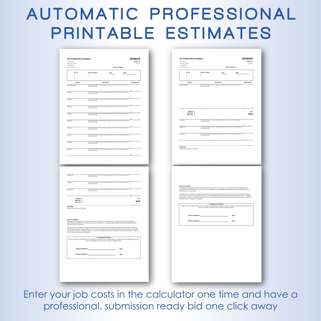 Construction Estimate Calculator Pro Subcontractor Edition, Digital Printable Estimate Builder Template, Any Trade Estimate Spreadsheet