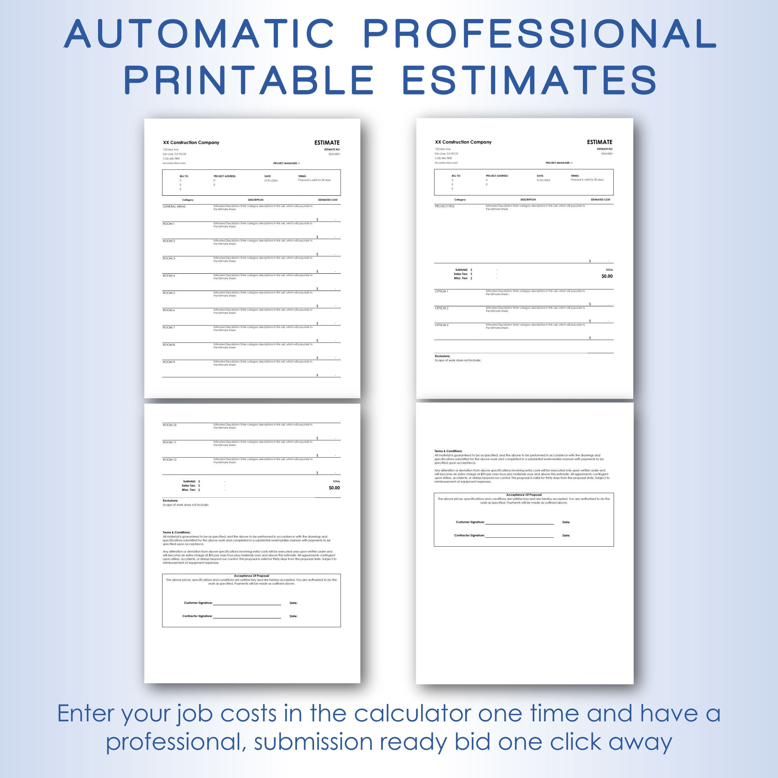 Construction Estimate Calculator Pro Subcontractor Edition, Digital Printable Estimate Builder Template, Any Trade Estimate Spreadsheet