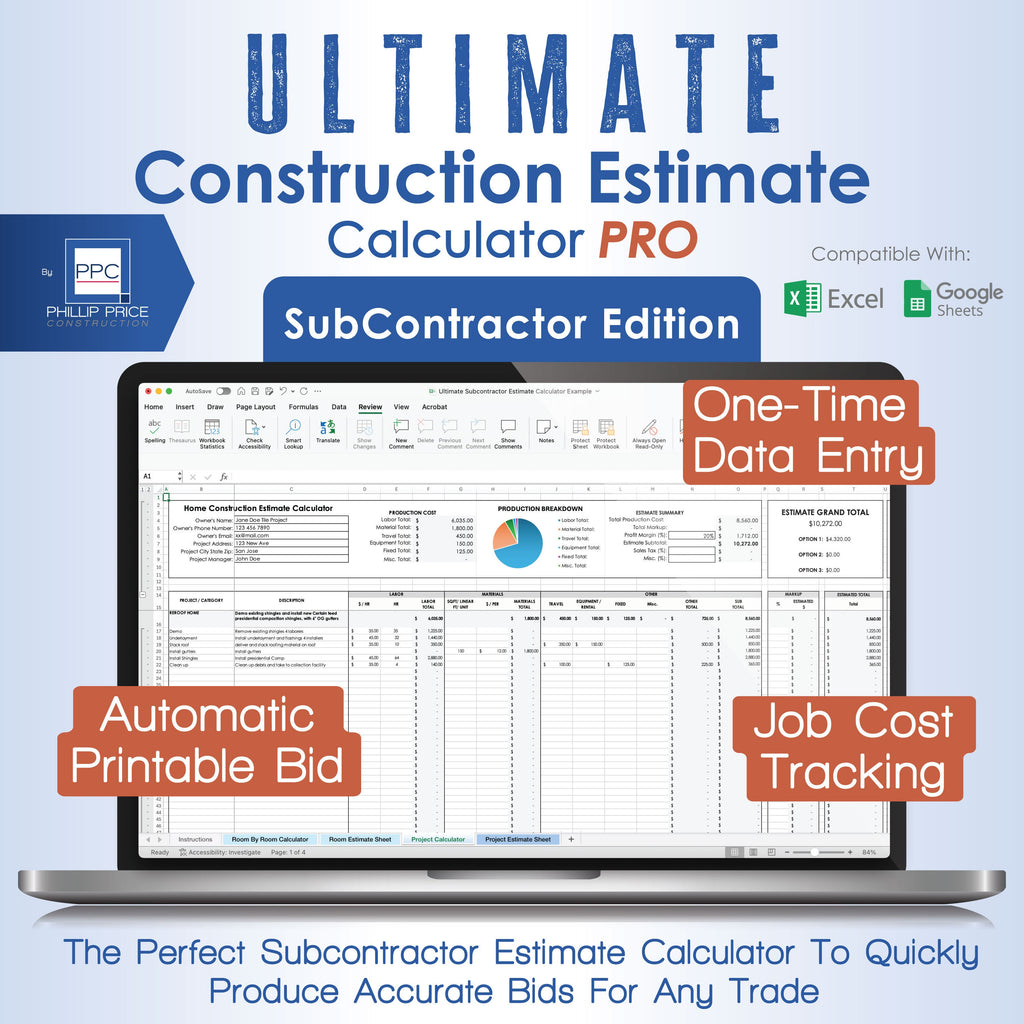 Construction Estimate Calculator Pro Subcontractor Edition, Digital Printable Estimate Builder Template, Any Trade Estimate Spreadsheet