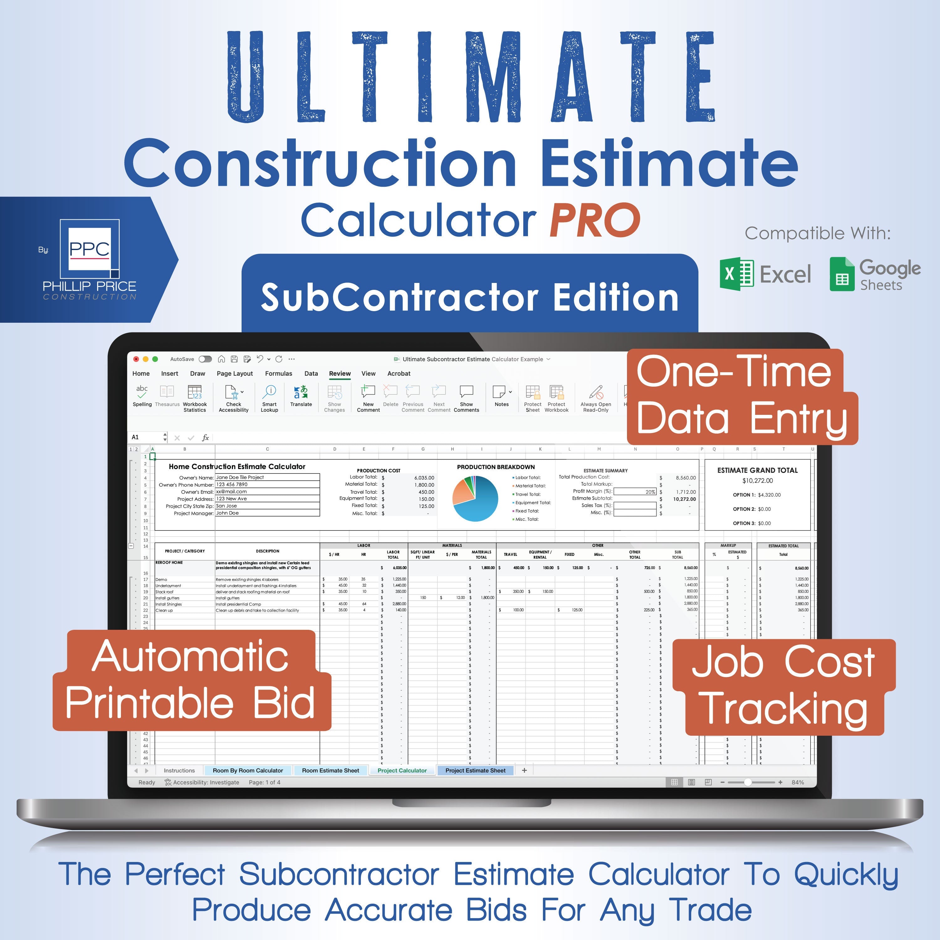 Construction Estimate Calculator Pro Subcontractor Edition, Digital Printable Estimate Builder Template, Any Trade Estimate Spreadsheet