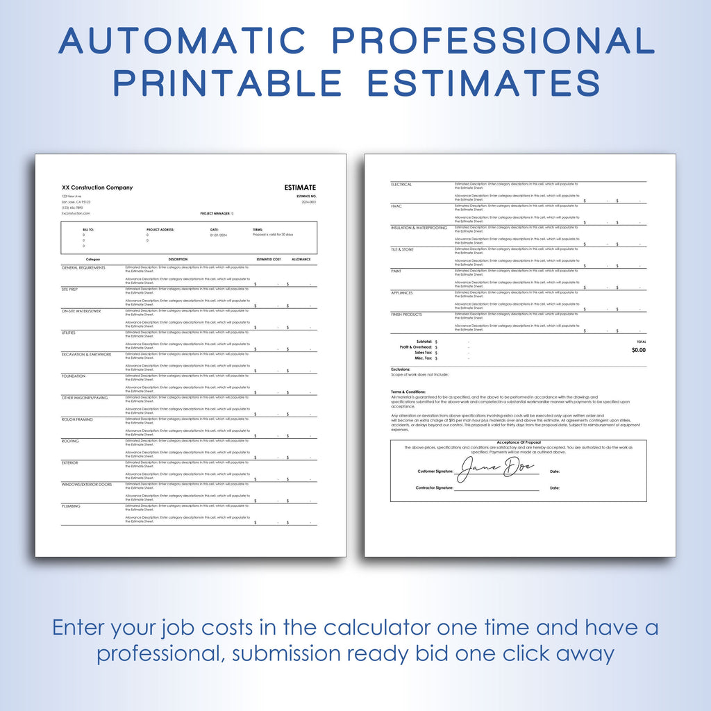 Construction Estimate Calculator Pro, Digital Printable Estimate Builder Template, Contractor Estimate Spreadsheet & Project Management