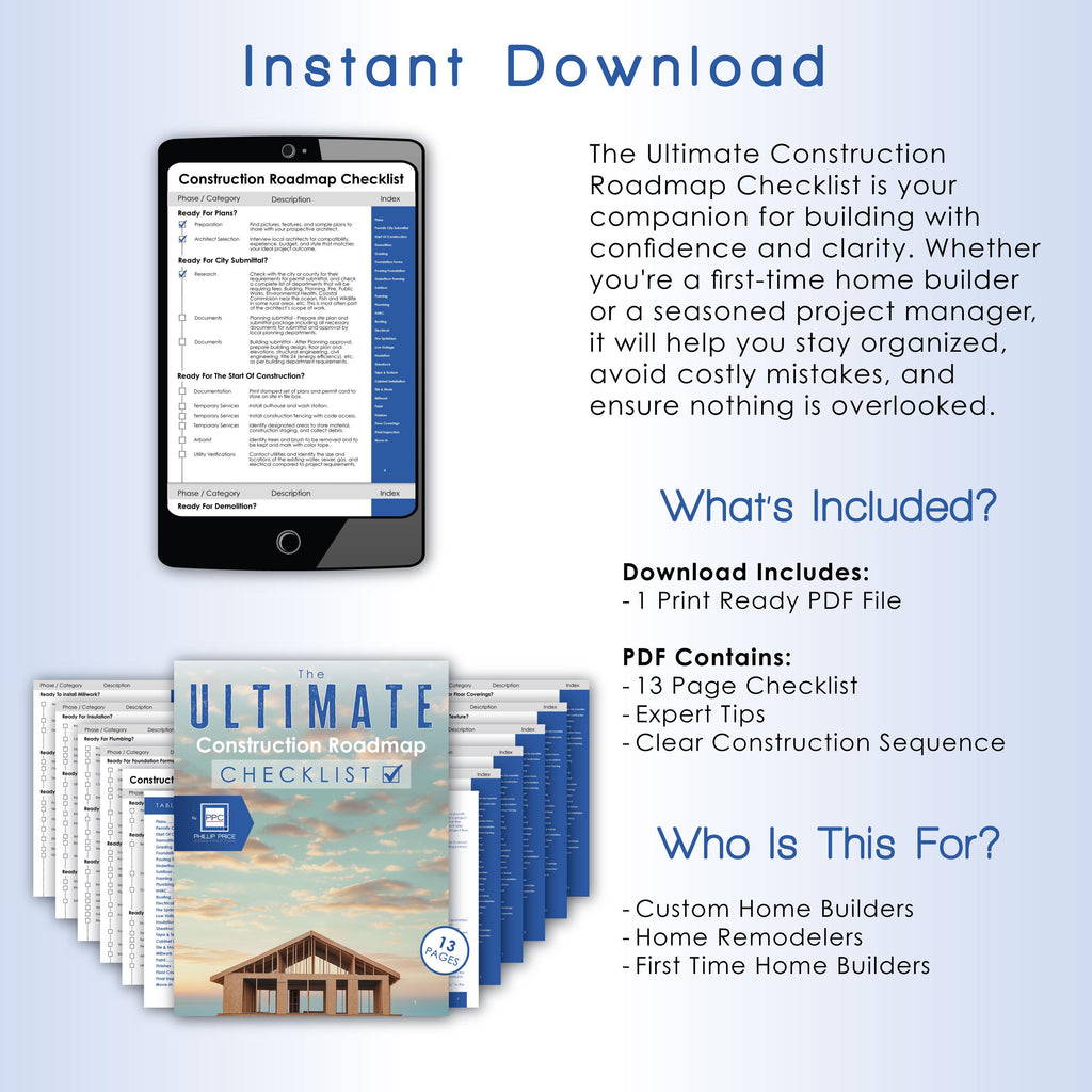 Ultimate Construction Roadmap Checklist – Step-by-Step Guide for First-Time Home Builders & Project Managers | Digital PDF and Print Ready
