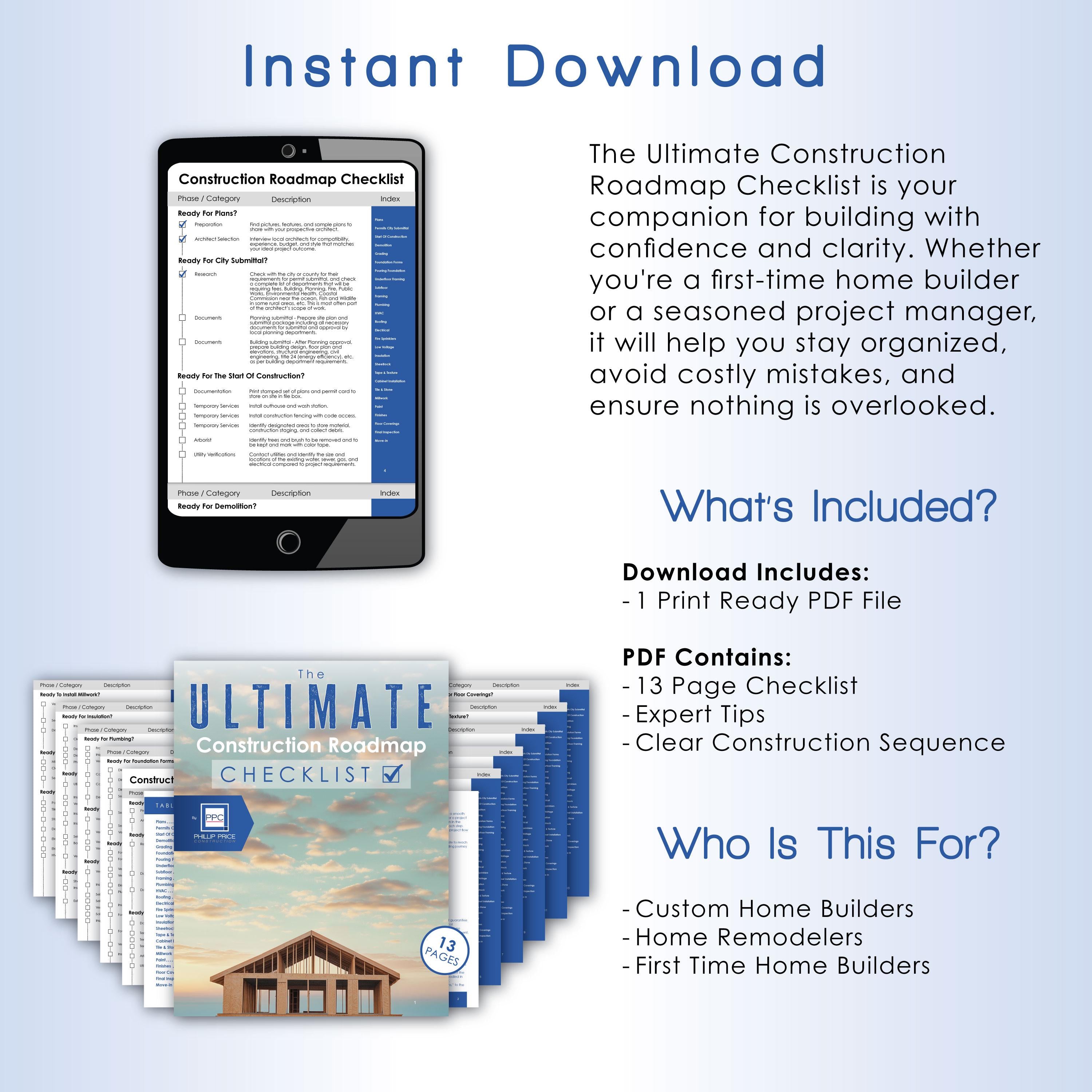Ultimate Construction Roadmap Checklist – Step-by-Step Guide for First-Time Home Builders & Project Managers | Digital PDF and Print Ready