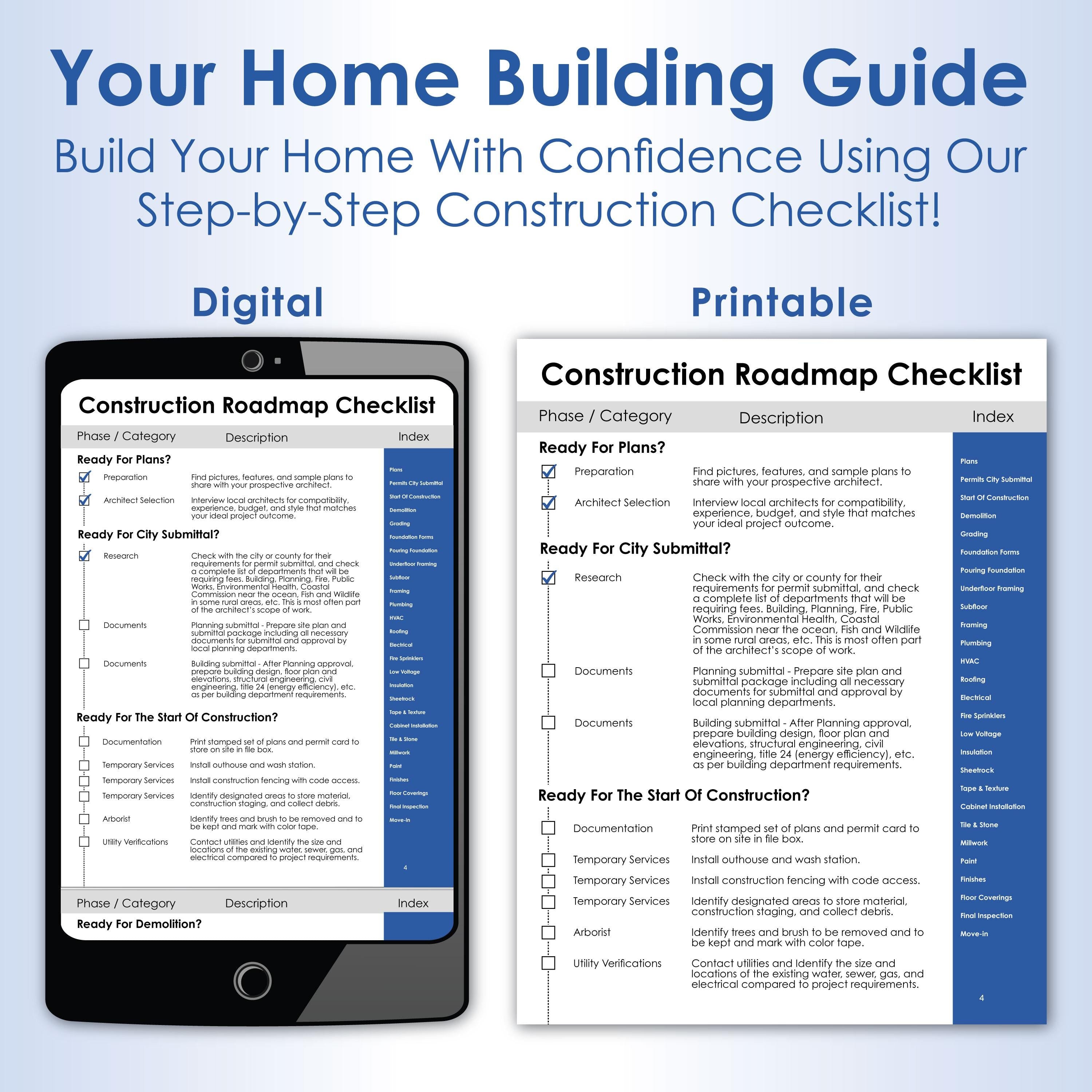 Ultimate Construction Roadmap Checklist – Step-by-Step Guide for First-Time Home Builders & Project Managers | Digital PDF and Print Ready
