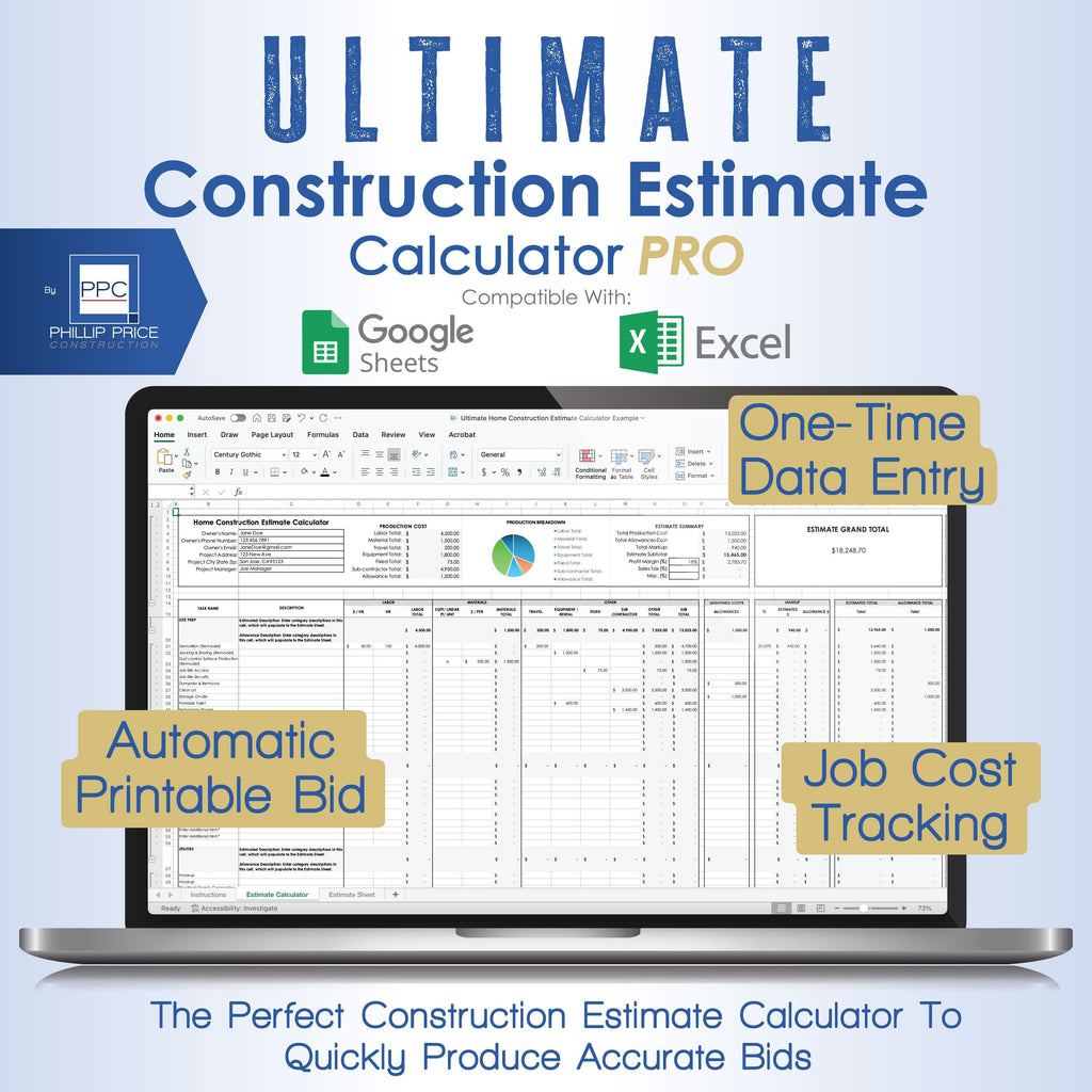 Construction Estimate Calculator Pro, Digital Printable Estimate Builder Template, Contractor Estimate Spreadsheet & Project Management