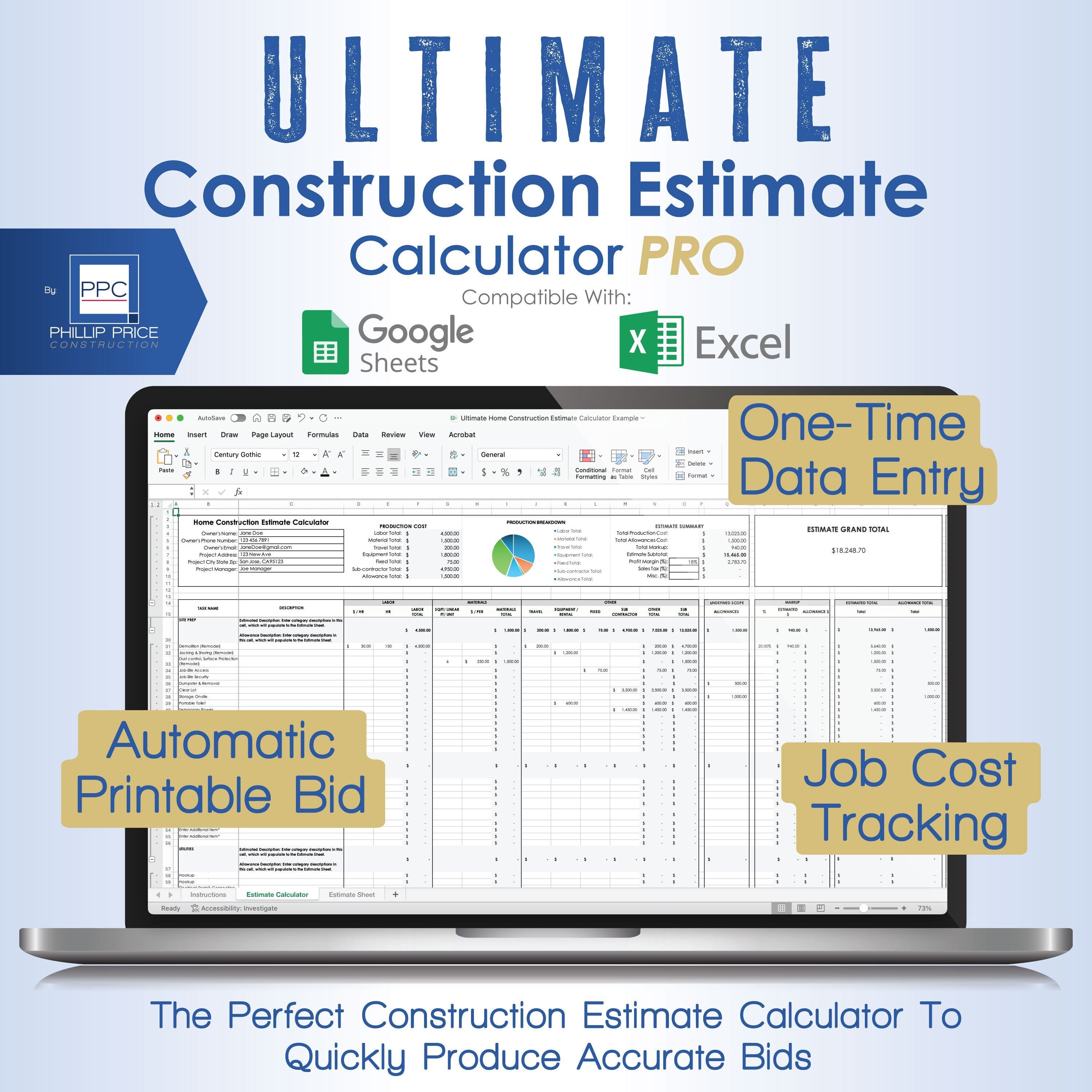 Construction Estimate Calculator Pro, Digital Printable Estimate Builder Template, Contractor Estimate Spreadsheet & Project Management