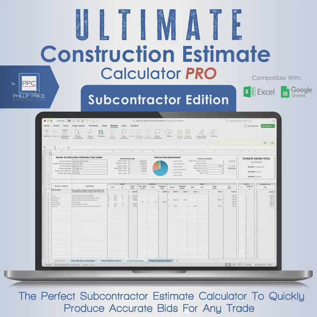 Construction Estimate Calculator Pro Subcontractor Edition, Digital Printable Estimate Builder Template, Any Trade Estimate Spreadsheet